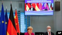 German Chancellor Angela Merkel attends virtual talks with Chinese Premier Li Keqiang as part of the Sixth German-Chinese Government Consultations, in Berlin, Germany April 28, 2021. 