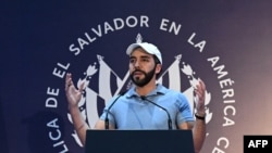 Salvadoran President Nayib Bukele delivers a speech after casting his vote in San Salvador on Feb. 4, 2024. 