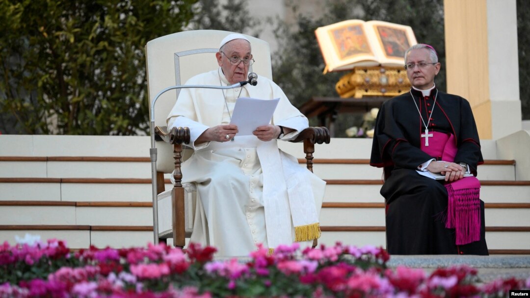 Pope Francis leads an ecumenical prayer vigil in St. Peter's Square, at the Vatican, Sept. 30, 2023. 