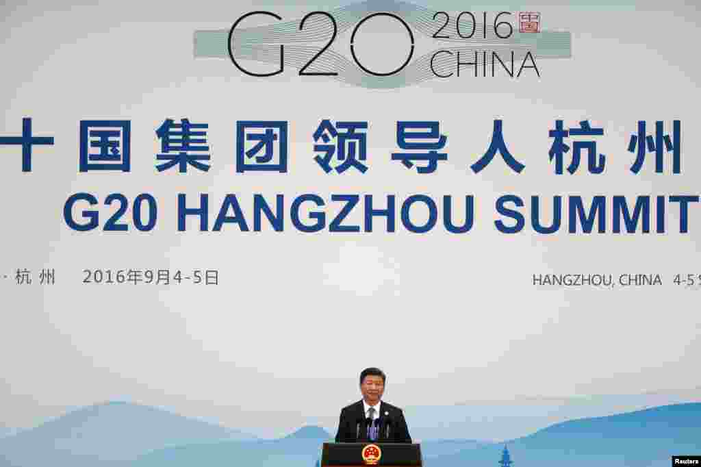 Presiden China Xi Jinping menghadiri konferensi pers setelah penutupan KTT G20 di Hangzhou, provinsi Zhejiang, China (5/9). (Reuters/Damir Sagolj)