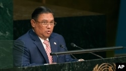 Myanmar's Foreign Affairs Minister Wunna Maung Lwin addresses the 70th session of the United Nations General Assembly at U.N. headquarters on Oct. 2, 2015. 