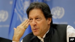 Imran Khan, Prime Minister of Pakistan, speaks to reporters during a news conference at United Nations headquarters, Sept. 24, 2019.