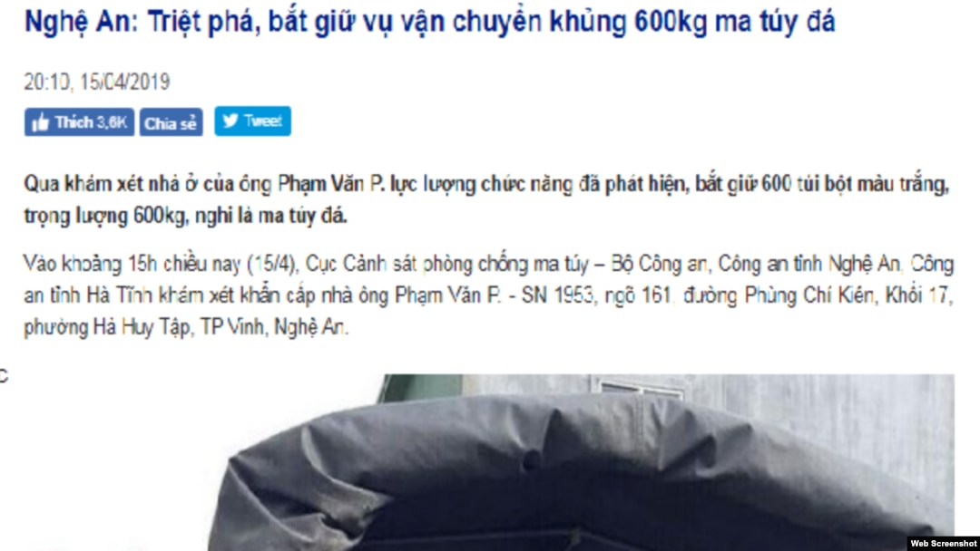 Đài truyền hình Nghệ An loan tin công an bắt giữ 600kg ma túy đá hôm 15/4/2019.