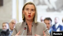 FILE - European Union Foreign Policy Chief Federica Mogherini speaks at the European headquarters of the United Nations in Geneva, Switzerland, Nov. 28, 2018. 