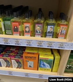 These types of cologne, popular during the Soviet era, are among the goods for sale at a Russian supermarket in Prague.