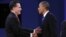 U.S. President Barack Obama (R) and Republican Presidential nominee Mitt Romney shake hands at the conclusion of the final presidential debate at Lynn University in Boca Raton, Florida October 22, 2012. 