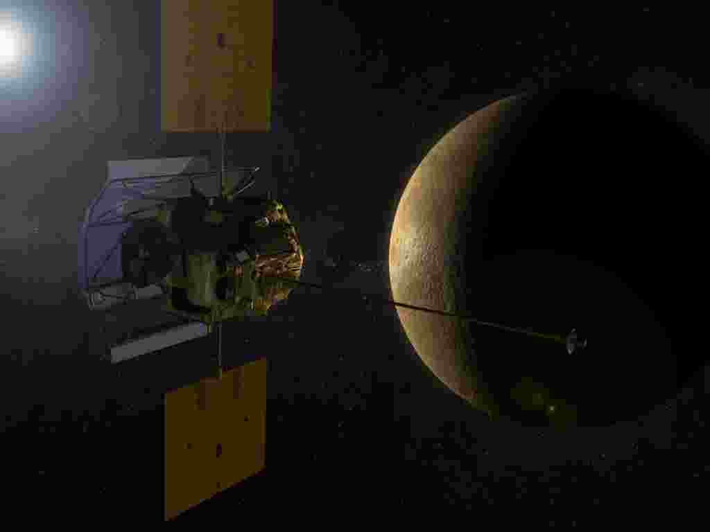 An artist's concept shows the MESSENGER spacecraft in orbit around Mercury.