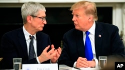 El presidente Donald Trump habla con el CEO de Apple Inc., Tim Cook, durante la primera reunión de la Junta Asesora de Políticas de la Fuerza Laboral Estadounidense en el comedor estatal de la Casa Blanca, en Washington, 6-3-19. AP foto/Manuel Balce Ceneta.