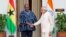 President of Ghana John Dramani Mahama (l) shakes hands with Indian Prime Minister Narendra Modi, before a bilateral meeting on the sidelines of the India Africa Forum Summit, in New Delhi, India, Oct. 28, 2015. 