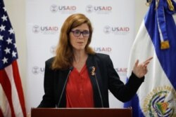 FILE - Samantha Power, administrator of the United States Agency for International Development, delivers a speech during a visit to El Salvador at the Central American University in San Salvador, June 14, 2021.