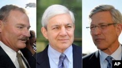 FILE – This combination photo shows, from left, former Penn State Vice President Gary Schultz, former Penn State President Graham Spanier and former Penn State athletic director Tim Curley.
