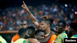 Ivory Coast Forward Sebastien Haller celebrates scoring a goal in the semifinals of the 2023 Africa Cup of Nations against DRC, Stade Olympique Alassane Ouattara, Abidjan, Ivory Coast - February 7, 2024 