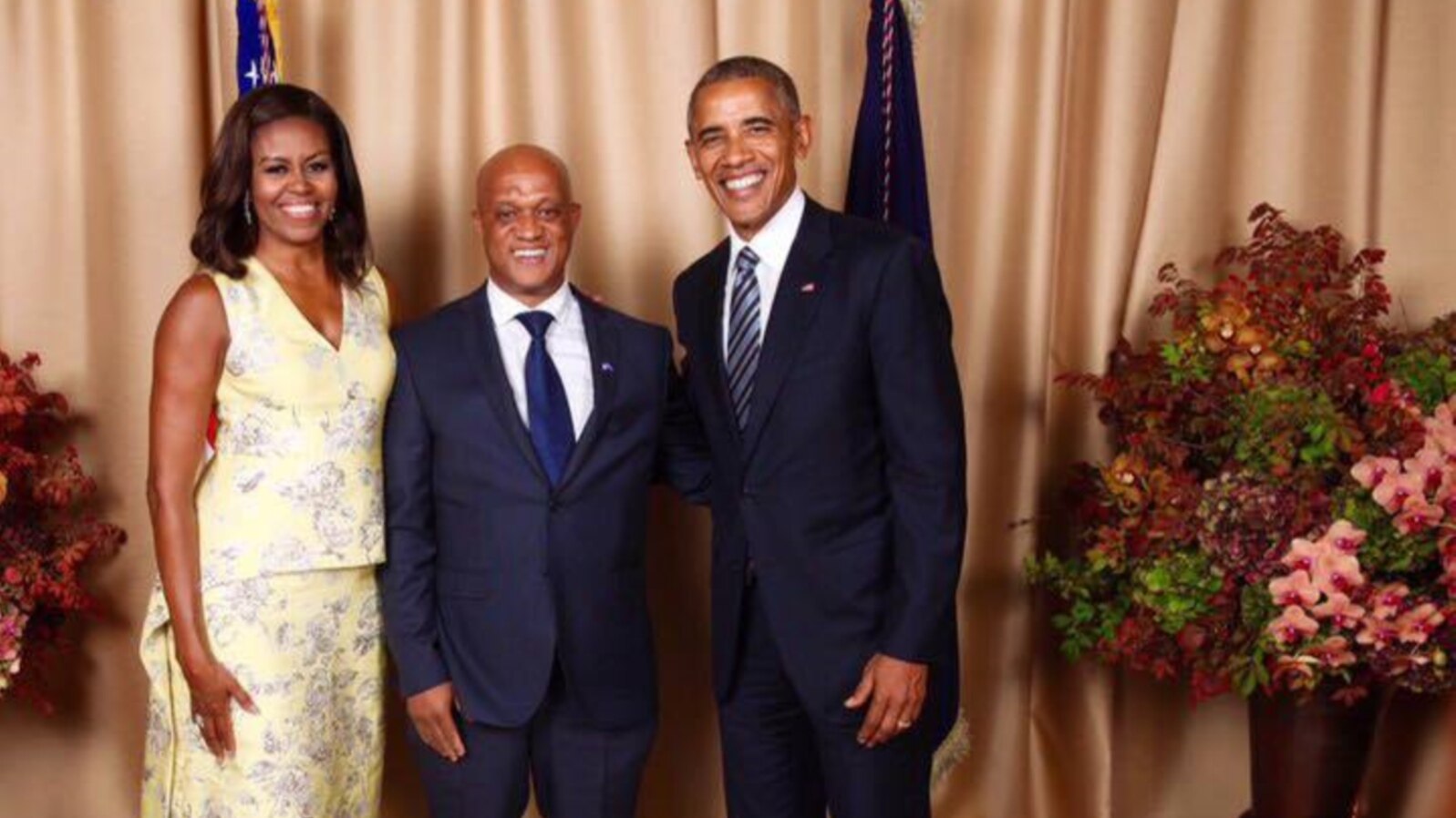 Michelle Obama, Luís Filipe Tavares e Barack Obama, em Nova Iorque, 2016