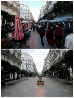 A combination picture shows a street in downtown Algiers on March 12, 2020, top, and after the coronavirus disease outbreak in Algiers, Algeria, March 25, 2020.