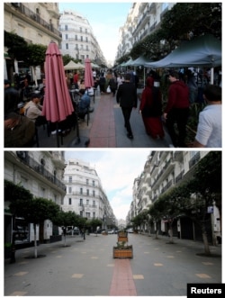 A combination picture shows a street in downtown Algiers on March 12, 2020, top, and after the coronavirus disease outbreak in Algiers, Algeria, March 25, 2020.