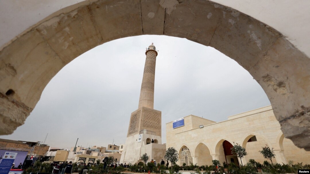 The al-Hadba minaret is seen in the al-Nuri mosque, which was rebuilt after it was blown up by Islamic State militants, in Mosul, Iraq, Feb. 5, 2025.