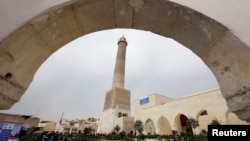 The al-Hadba minaret is seen in the al-Nuri mosque, which was rebuilt after it was blown up by Islamic State militants, in Mosul, Iraq, Feb. 5, 2025.