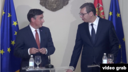 Izvestilac Evropskog parlamenta za Srbiju Dejvid Mekalister tokom susreta sa predsednikom Srbije Aleksandrom Vučićem, u Beogradu, 24. maja 2018. 