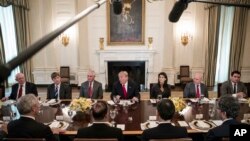 President Donald Trump (center) speaks during a luncheon with envoys representing countries of the United Nations Security Council, in the State Dining Room of the White House in Washington, Jan. 29, 2018.