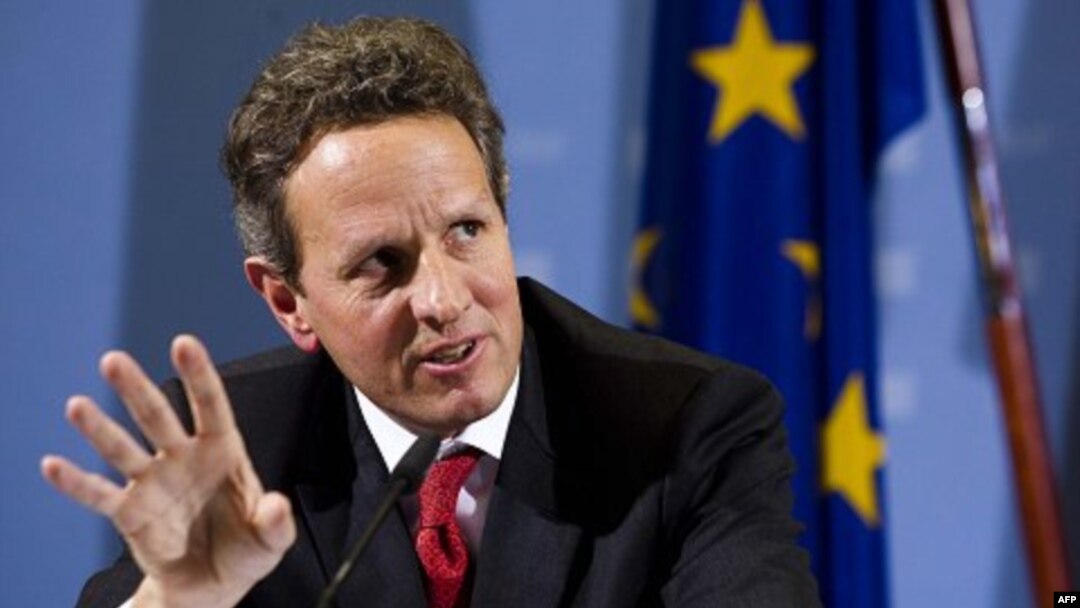 U.S. Treasury Secretary Timothy Geithner briefs the media during a news conference with German Finance Minister Wolfgang Schaeuble after a meeting at the finance ministry in Berlin, Tuesday, Dec. 6, 2011.