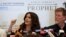 Movie star Salma Hayek speaks during a news conference to promote her film "The Prophet" as writer and director Roger Allers (R) looks on, in Beirut, Lebanon, April 27, 2015