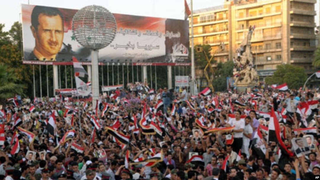 A handout picture released by the Syrian Arab News Agency (SANA) shows hundreds of Syrians waving their national flag during a rally, July 28, 2011
