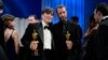 Cillian Murphy, winner of the award for best performance by an actor in a leading role for "Oppenheimer," left, poses with Mstyslav Chernov, winner of the award for best documentary feature film for "20 Days in Mariupol" at the Governors Ball after the Oscars on March 10, 2024,