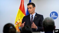 Spanish Prime Minister Pedro Sanchez speaks during a media conference at an EU summit in Brussels, Tuesday, July 2, 2019. 