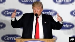 FILE - President-elect Donald Trump speaks at Carrier Corp. in Indianapolis, Dec. 1, 2016.