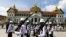 Soldiers are seen during a changing of the guard inside the Grand Palace days before the King's coronation in Bangkok, Thailand, April 30, 2019. 