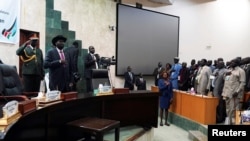 FILE - South Sudan President Salva Kiir attends the reopening of the First Session of the Transitional National Legislature, at the Parliament building in Juba, May 14, 2019.