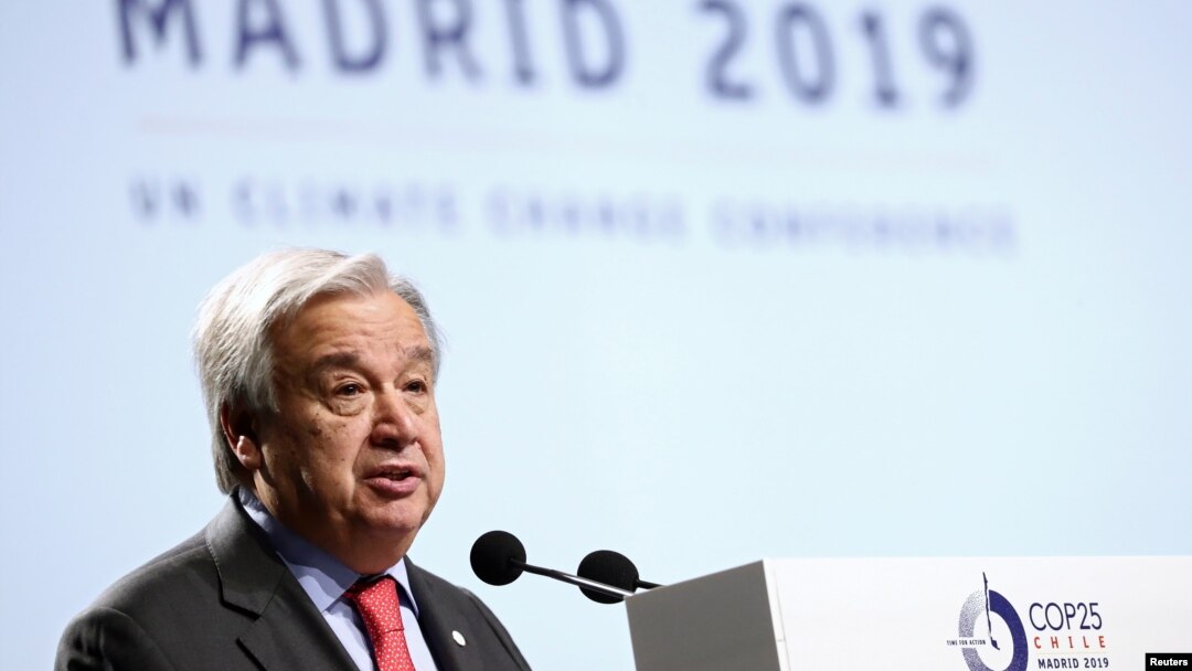 Sekretaris Jenderal PBB Antonio Guterres membuka konferensi perubahan iklim (COP25) di Madrid, Spanyol (2/12). 