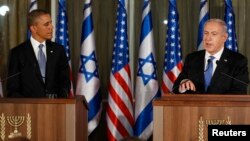 President Obama (left) and Israeli PM Netanyahu at news conference in Jerusalem, March 20, 2013