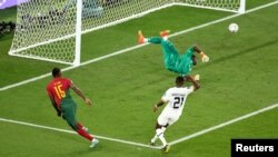 Portugal's Rafael Leão scores the third goal for Portugal in their opening Group H match against Ghana at the 2022 FIFA World Cup