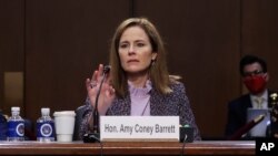 Supreme Court nominee Amy Coney Barrett testifies during the third day of her confirmation hearings before the Senate Judiciary Committee on Capitol Hill in Washington, Oct. 14, 2020.