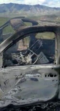 The burnt wreckage of a car that transported a Mormon family is seen in Bavispe, Sonora, Mexico, Nov. 4, 2019, in this picture obtained from social media. (Credit: Kenneth Miller/Lafe Langford Jr.)