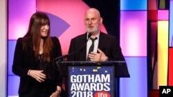 "The Rider" producers Mollye Asher, left, and Bert Hamelinck, accept the Best Feature Film award at the 28th annual Independent Filmmaker Project's Gotham Awards on Nov. 26, 2018, in New York. 