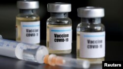 FILE - Small bottles labeled with a "Vaccine COVID-19" sticker and a medical syringe are seen in this illustration taken taken Apr. 10, 2020. 