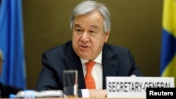 U.N. Secretary-General Antonio Guterres talks during the High-Level Pledging Event for the Humanitarian Crisis in Yemen, in Geneva, Switzerland, April 3, 2018. 