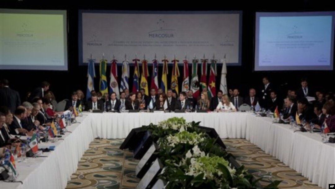 Presiden Argentina Cristina Fernandez (tengah) berpidato dalam KTT Mercosur di Mendoza, Argentina (29/6).