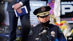 Boulder Police Department Chief Maris Herold speaks at a news conference outside police headquarters, in Boulder, Colorado, March 26, 2021.