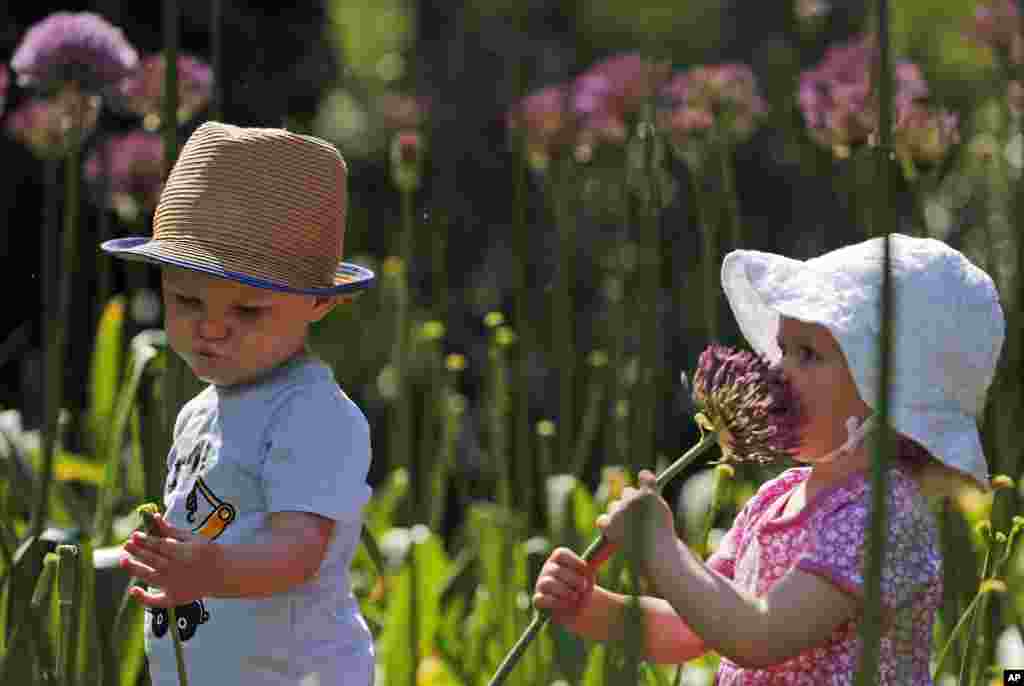 One-year-old Freddie and Martha explore the new Children&#39;s Garden at Kew Gardens in London.