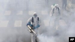 Firefighters disinfect a street against the new coronavirus, in western Tehran, March 13, 2020.