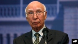 FILE - Pakistani foreign policy chief Sartaj Aziz. 