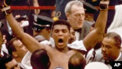 Muhammad Ali strikes a familiar pose as he shouts "I am the greatest," as he leaves the ring, arms raised, following his defeat of former heavyweight boxing champion Sonny Liston in Miami Beach, Fla., February 25, 1964.