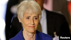 FILE - U. S. Under Secretary of State for Political Affairs Wendy Sherman arrives for a meeting on Syria at the United Nations European headquarters in Geneva.