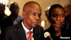 FILE - Jovenel Moise addresses the media in Port-au-Prince, Haiti.