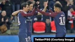 Paris SG a largement battu Strasbourg (5-2) lors de la 26e journée du Championnat de France, samedi, au Parc des Princes, 17 février 2018. (Twitter/PSG)