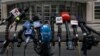 USA, New York, Microphones are placed outside the Brooklyn Federal Courthouse