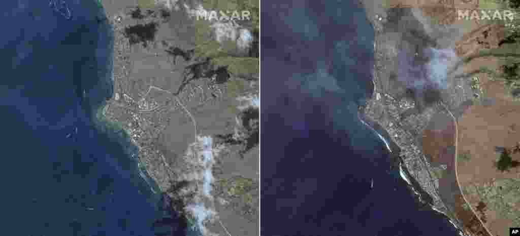 This combination of satellite images provided by Maxar Technologies shows an overview of Lahaina on Maui, Hawaii, on June 25, 2023, left, and an overview of the same area on Aug. 9, following a wildfire that tore through the heart of the Hawaiian island. (Maxar Technologies via AP)